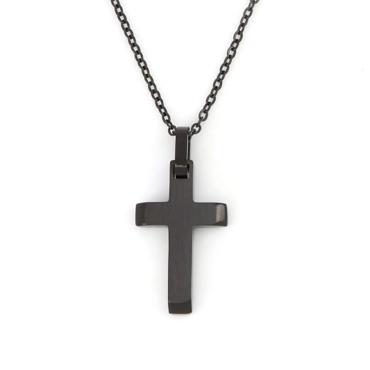 Black flat cross made of stainless steel with chain.