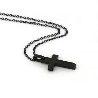 Black flat cross made of stainless steel with chain. - 