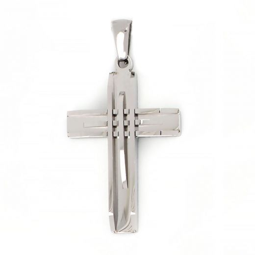 Cross made of stainless steel with embossed lines.