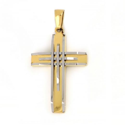 Cross made of gold plated stainless steel with white embossed lines.