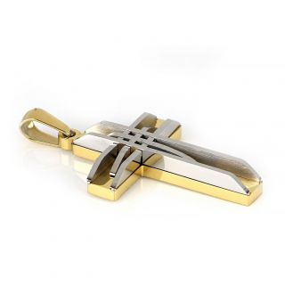 Cross made of gold plated stainless steel with white embossed lines. - 