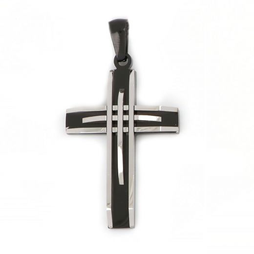 Black cross made of stainless steel with white embossed lines.