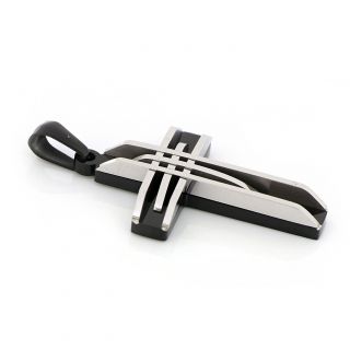 Black cross made of stainless steel with white embossed lines. - 