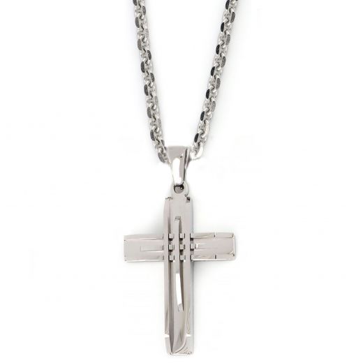Cross made of stainless steel with embossed lines with chain