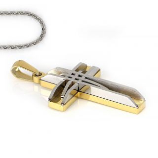 Cross made of gold plated stainless steel with white embossed lines with chain - 