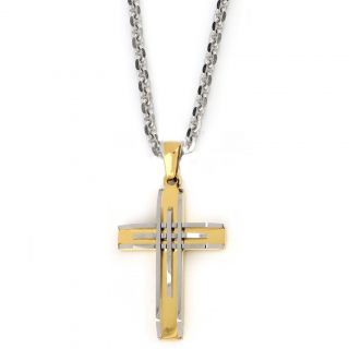 Cross made of gold plated stainless steel with white embossed lines with chain Cross made of gold plated stainless steel with white embossed lines with chain