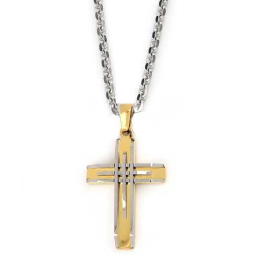 Cross made of gold plated stainless steel with white embossed lines with chain