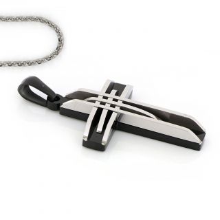 Black cross made of stainless steel with white embossed lines with chain - 