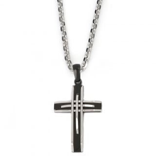 Black cross made of stainless steel with white embossed lines with chain Black cross made of stainless steel with white embossed lines with chain