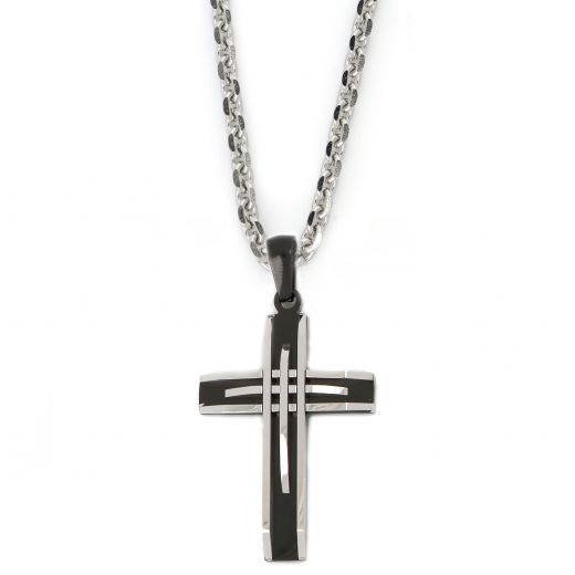 Black cross made of stainless steel with white embossed lines with chain