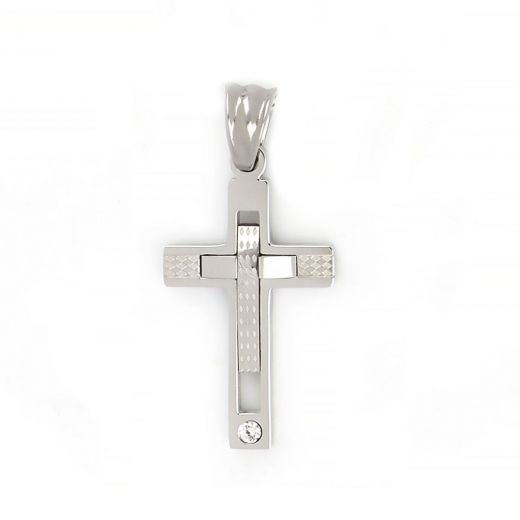 Cross made of stainless steel with a small embossed cross and one cubic zirconia.