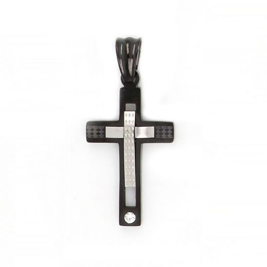 Cross made of stainless steel black with an embossed white cross and one cubic zirconia.