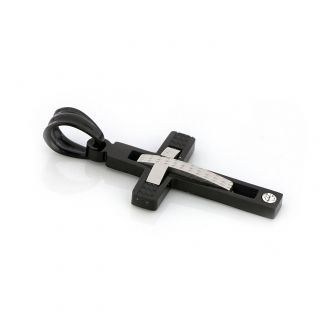 Cross made of stainless steel black with an embossed white cross and one cubic zirconia. - 