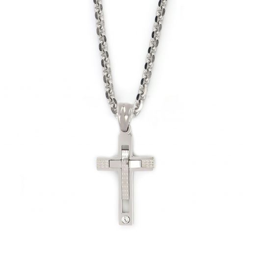 Cross made of stainless steel with a small embossed cross and one cubic zirconia with chain