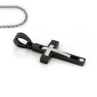Cross made of stainless steel black with an embossed white cross and one cubic zirconia with chain - 