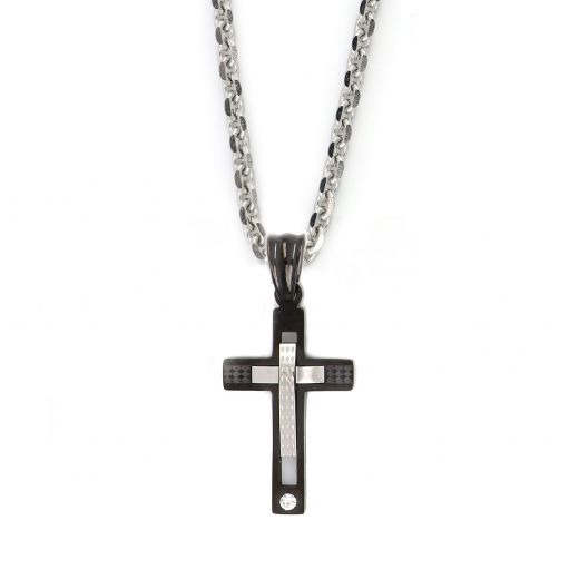Cross made of stainless steel black with an embossed white cross and one cubic zirconia with chain