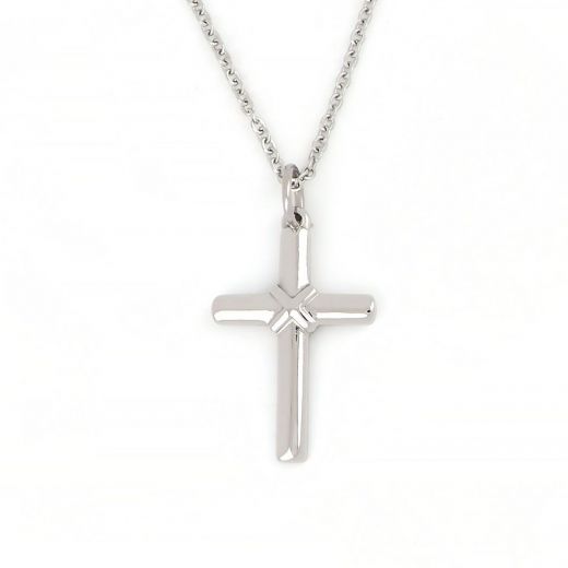Cross made of stainless steel with small binding detail and chain.