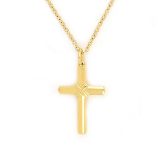 Cross made of gold plated stainless steel with small binding detail and chain.