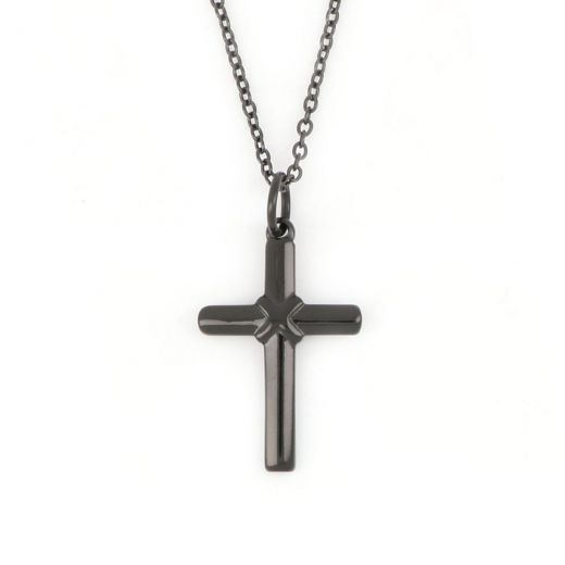 Black cross made of stainless steel with small binding detail and chain.