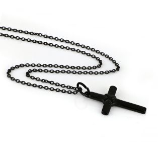 Black cross made of stainless steel with small binding detail and chain. - 