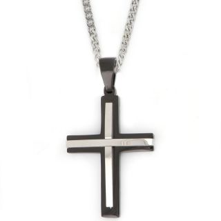 Black cross made of stainless steel with white lines with chain Black cross made of stainless steel with white lines with chain
