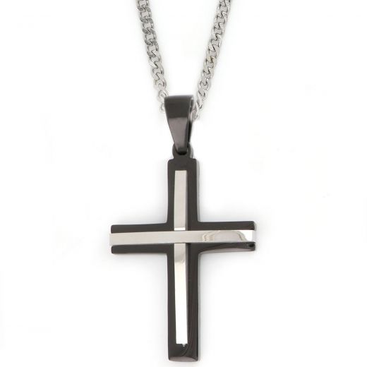Black cross made of stainless steel with white lines with chain