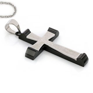 Black big cross made of stainless steel with white embossed writing with chain - 