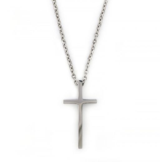 Cross made of stainless steel in plain line with chain.