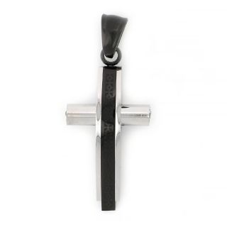 White - black cross made of stainless steel and one cubic zirconia to its sides. White - black cross made of stainless steel and one cubic zirconia to its sides.