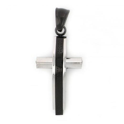 White - black cross made of stainless steel and one cubic zirconia to its sides.