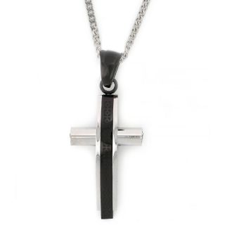 White - black cross made of stainless steel and one cubic zirconia to its sides with chain White - black cross made of stainless steel and one cubic zirconia to its sides with chain