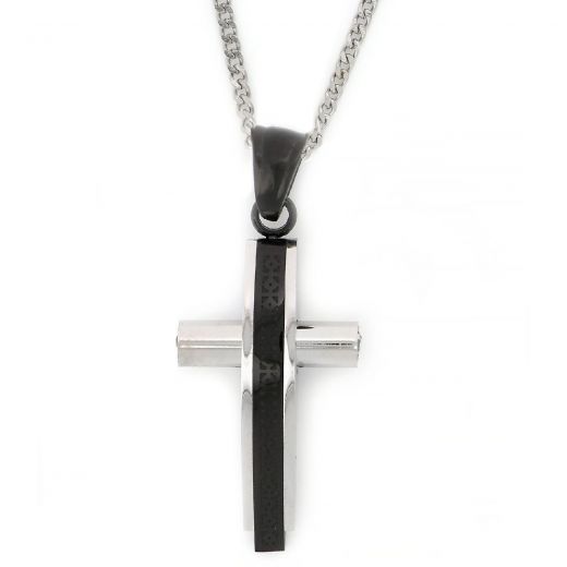 White - black cross made of stainless steel and one cubic zirconia to its sides with chain