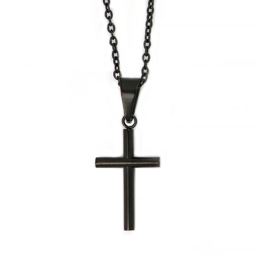 Men's stainless steel black thin cross and chain
