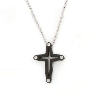 Black double cross made of stainless steel with silver details and chain. Black double cross made of stainless steel with silver details and chain.