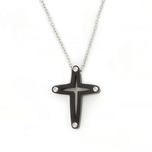Black double cross made of stainless steel with silver details and chain.