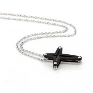 Black double cross made of stainless steel with silver details and chain. - 