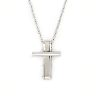Flat cross made of stainless steel with cylindrical detail and chain. Flat cross made of stainless steel with cylindrical detail and chain.
