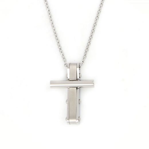 Flat cross made of stainless steel with cylindrical detail and chain.