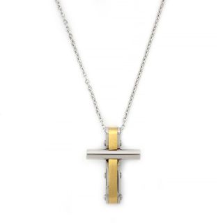 White-gold flat cross made of stainless steel with cylindrical detail and chain. White-gold flat cross made of stainless steel with cylindrical detail and chain.