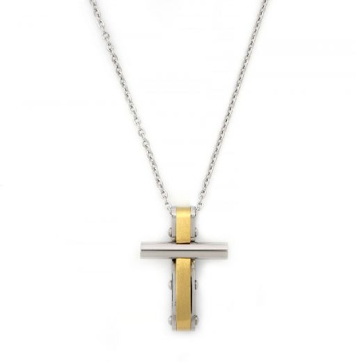 White-gold flat cross made of stainless steel with cylindrical detail and chain.