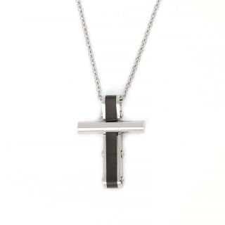 White-black flat cross made of stainless steel with cylindrical detail and chain. White-black flat cross made of stainless steel with cylindrical detail and chain.