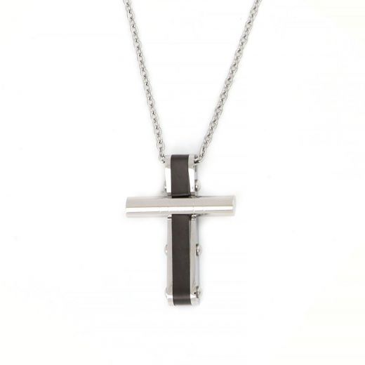White-black flat cross made of stainless steel with cylindrical detail and chain.