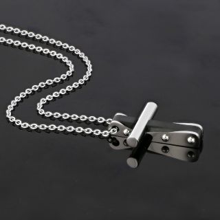 White-black flat cross made of stainless steel with cylindrical detail and chain. - 
