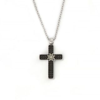 Cross made of stainless steel with black carbon fiber and navy steering wheel with chain. Cross made of stainless steel with black carbon fiber and navy steering wheel with chain.