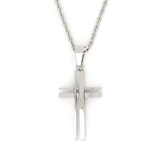 Cross made of stainless steel with two vertical and two horizontal lines with chain.