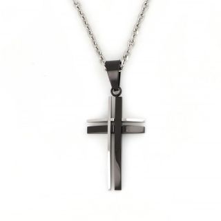 Black-white cross made of stainless steel with two vertical and two horizontal lines with chain. Black-white cross made of stainless steel with two vertical and two horizontal lines with chain.