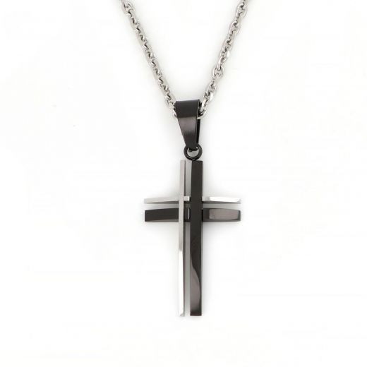 Black-white cross made of stainless steel with two vertical and two horizontal lines with chain.