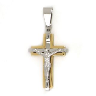 Cross made of gold plated stainless steel with the Crucified Christ as white embossed design Cross made of gold plated stainless steel with the Crucified Christ as white embossed design