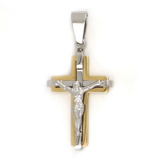 Cross made of gold plated stainless steel with the Crucified Christ as white embossed design