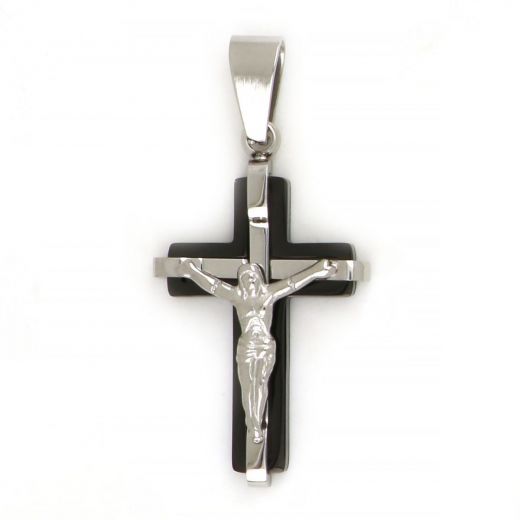 Black cross made of stainless steel with the Crucified Christ as white embossed design